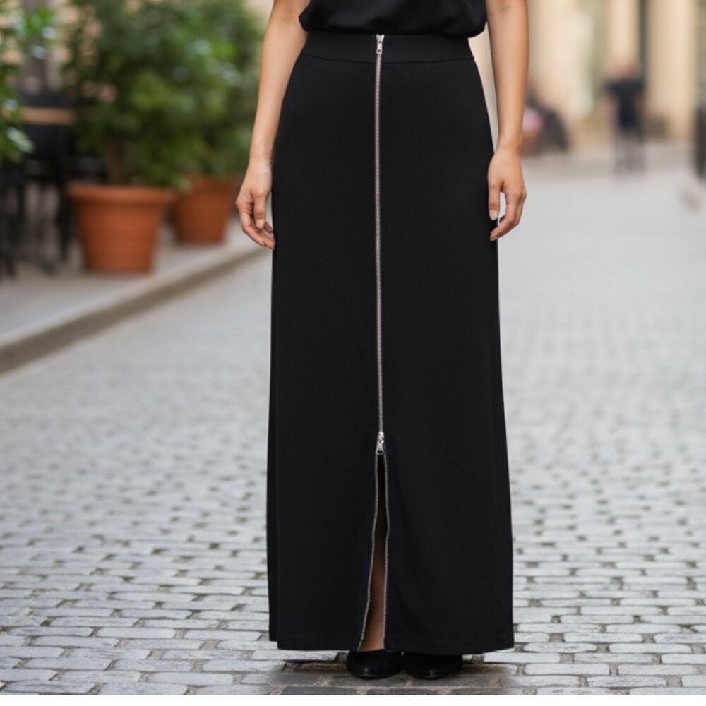 Armani Exchange Skirt Womens Size Medium Black Full Zip Front Maxi Soft Goth